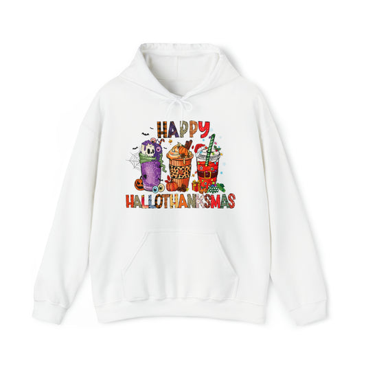 Happy Hallothanksmas Hoodie, Christmas Hoodie, Halloween Hoodie, Thanksgiving Hoodie, Coffee Lover Gift Hooded Sweatshirt