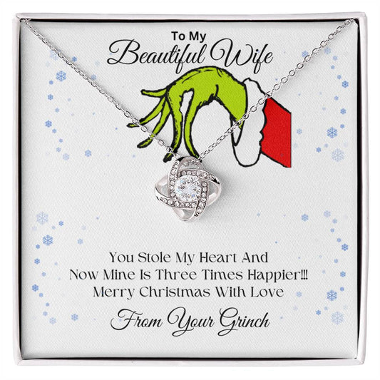 To My Beautiful Wife | My Heart Is Three Times Happier | Love Knot Necklace | Funny Grinch Stole My Heart Christmas, Christmas Necklace For Wife, Love Necklace Gifts, Heart Necklace