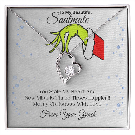 To My Beautiful Soulmate | My Heart Is Three Times Happier | Forever Love Necklace | Funny Grinch Stole My Heart Christmas, Christmas Necklace For Wife, Love Necklace Gifts, Heart Necklace