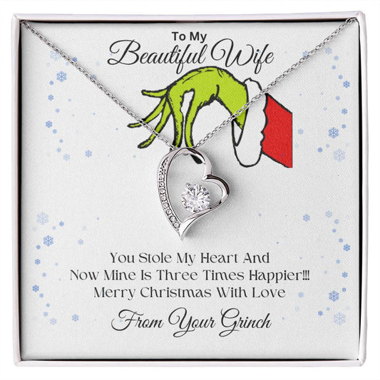 To My Beautiful Wife | Mine Is Three Times Happier | Forever Love Necklace | Funny Grinch Stole My Heart Christmas, Christmas Necklace For Wife, Love Necklace Gifts, Heart Necklace